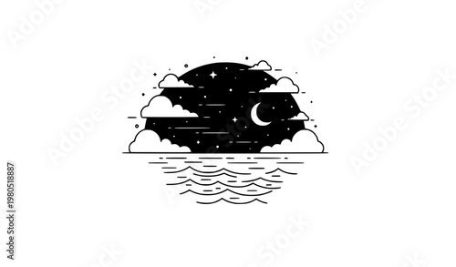 Minimal night sea landscape icon with stars clouds and moon vector