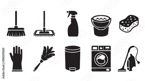 Cleaning and Janitorial Icon Set - Isolated Flat Vector Black Silhouette Graphic Resource