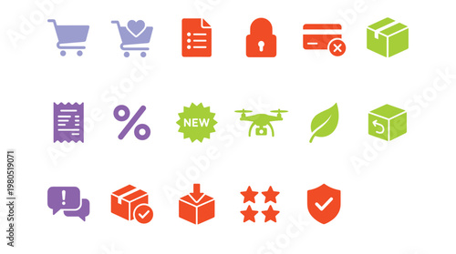 Collection of colorful ecommerce icons for business and shopping concepts