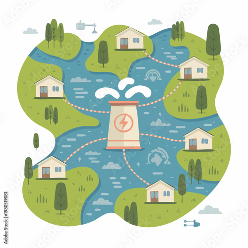 Illustration of renewable energy distribution network with houses and 