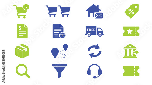 Collection of ecommerce and shopping icons in blue and green colors
