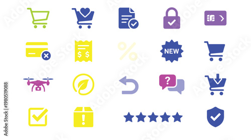 Collection of colorful ecommerce icons on for business and shopping concepts