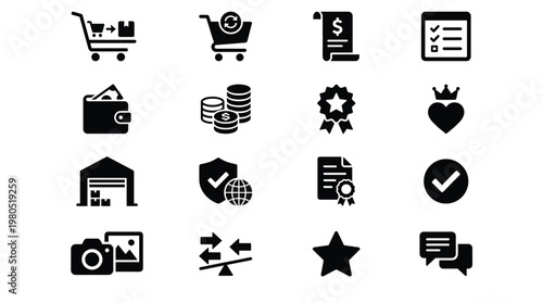 Collection of black icons related to business, finance, and commerce