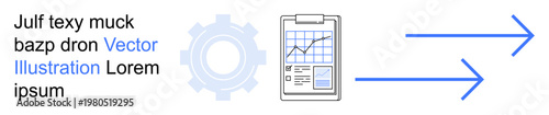 Workflow optimization, data management, business growth, analytics, process automation, technical strategy. Gear icon, clipboard with graph arrows progress. Workflow optimization and data management