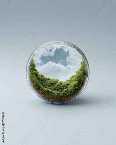 Moss habitat in a glass sphere with open sky. renewable energy sustainability green energy environment conservation recycle eco friendly clean energy