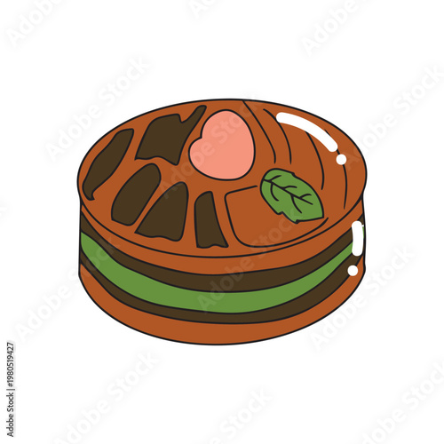 A colorful vector illustration featuring a cake, pizza, fish, and other tasty food icons in a playful cartoon style