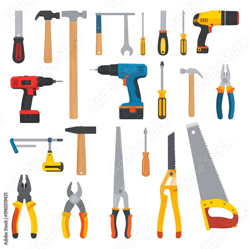 Flat lay of assorted hand tools including hammers, screwdrivers, drills, saws, and pliers against a white backdrop