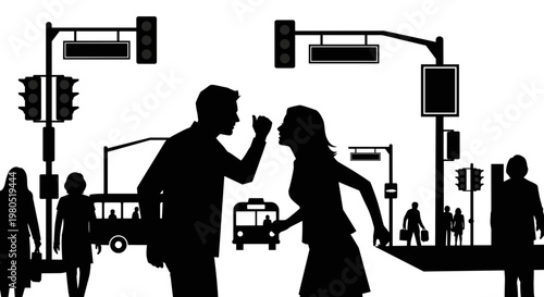 Couple arguing on city street.