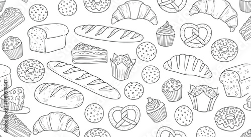 Bakery seamless pattern vector with bread croissant donut cupcake and pastry hand drawn doodle background design