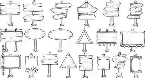 Diverse vector collection of blank rustic wooden signs, hand-drawn cartoon style. Variety of rectangular, arrow, oval, and triangular shapes for information, direction, custom messages.