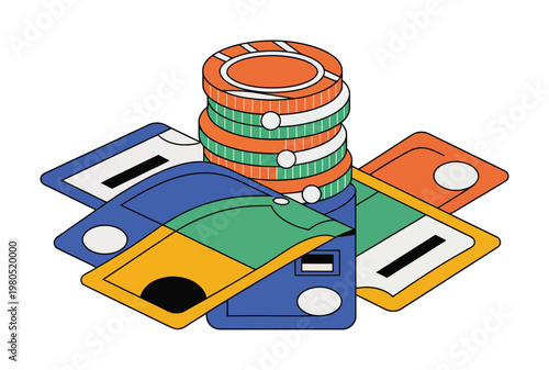 Vector of a stack of colorful poker chips placed on top of assorted playing cards