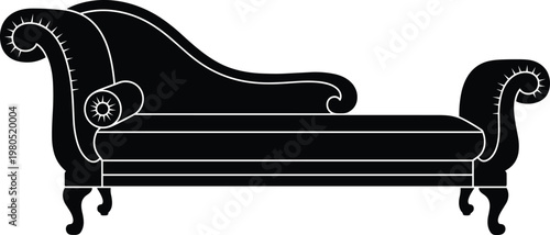 A black silhouette depicts a classic ornate chaise lounge with a curved back and decorative legs high quality professional detailed modern