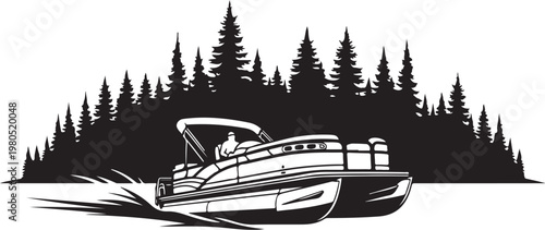Speedboat, Pontoon Boat, Black and White Vector, Lake, Forest, Water Sports