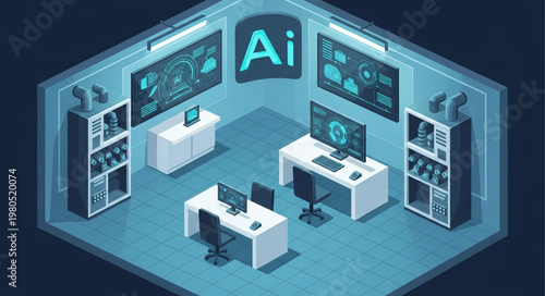 Artificial intelligence laboratory with advanced technology and data displays.