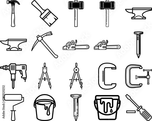 Collection of various hand tools and construction equipment icons