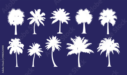 A collection of white palm tree silhouettes and tropical plant shapes isolated on a dark background for summer and vacation designs.