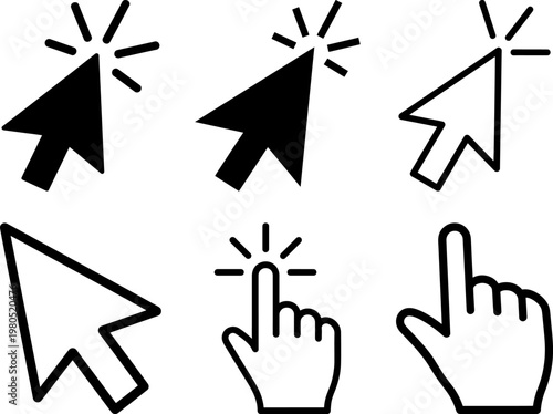 Collection of computer mouse cursor icons and hand click symbols