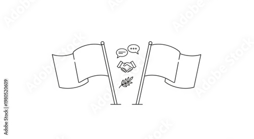 Two waving flags with handshake speech bubbles and olive branch symbolizing peace agreement and diplomacy
