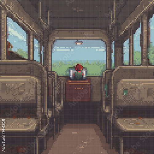 A pixel art image of a bus interior with a person sitting in the middle, a backpack, and a handbag.