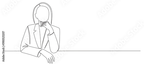 a continuous line drawing of a woman in formal attire who exudes an aura of professionalism, confidence, and intellectuality. The object is formed by a single, unbroken black line on a white backgroun