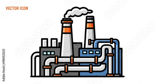 Industrial Factory Building With Smoking Chimneys And Pipes.