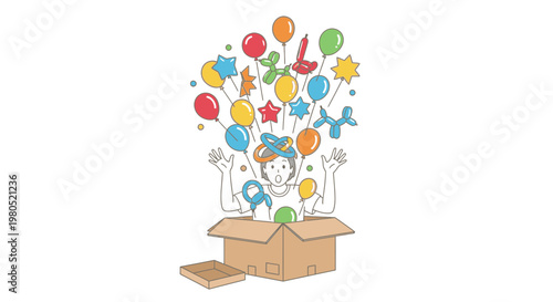 Excited Person Opening a Box with Colorful Balloons Illustration Vector Design Element