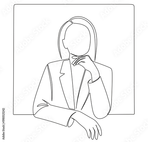 a continuous line drawing of a woman in formal attire who exudes an aura of professionalism, confidence, and intellectuality. The object is formed by a single, unbroken black line on a white backgroun