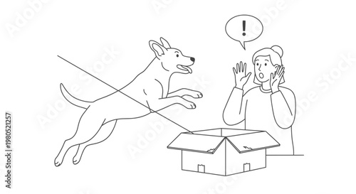Surprised Woman Watching Dog Jump Out of Cardboard Box Illustration Vector Design Element