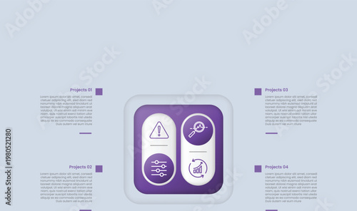 square base shape infographic with glossy gradient style with round rectangle inside button style with quadrant structure with four segment information