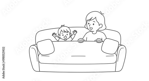 Mother and Child Playing Hide and Seek Behind Sofa Vector Illustration Design Element
