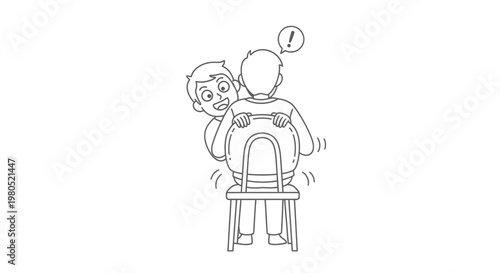 Surprised man reacting to friend appearing behind him line art illustration vector design element
