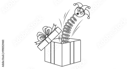 Funny Jack in the Box Surprise Toy Illustration Popping Out of Gift Box Design Element Vector