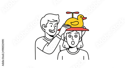 Funny man putting a silly duck hat on surprised woman head vector illustration