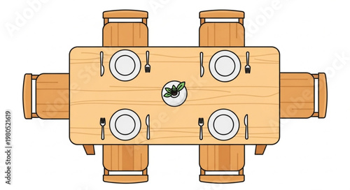 Wooden picnic table set for four people with plates and cutlery.