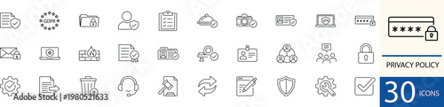 Flat line vector privacy policy icon set showing data protection, security, and legal compliance concepts in clean minimal style. Perfect for web, legal, and technology design use.