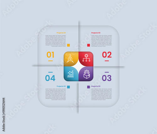 square base shape infographic with glossy gradient style with double layer with round edge and shadow line separator with four segment information
