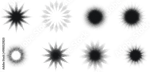 Set of Halftone Starburst and Circle Shapes for Retro Graphic Design - Vintage Pop Art Vector Elements