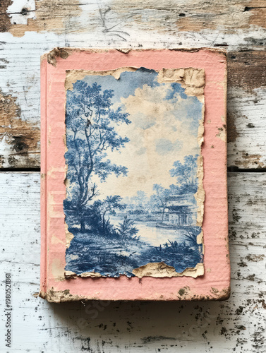 Vintage book pink cover antique paper blue illustration rustic wood peeling edge shabby chic old texture distressed surface faded print weathered vintage book with pink cover and antique blue
