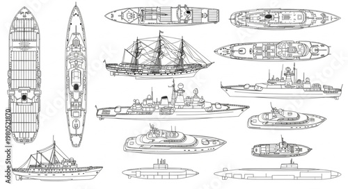 Collection of Various Ship Designs and Naval Vessels.