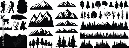 Black silhouette of hikers mountains trees and wildlife in nature trekking backpack peak