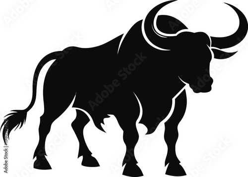 Silhouette of a powerful bull with large curved horns white background charging bull silhouette powerful
