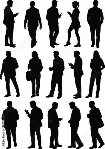 Black silhouettes of diverse people using smartphones and walking women