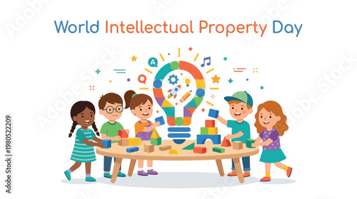 vector children celebrating "World Intellectual Property Day" 2