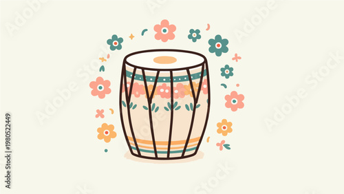 Cute Flat Style Illustration of a Traditional Indian Tabla Drum with Colorful Floral Decorations on Cream Background