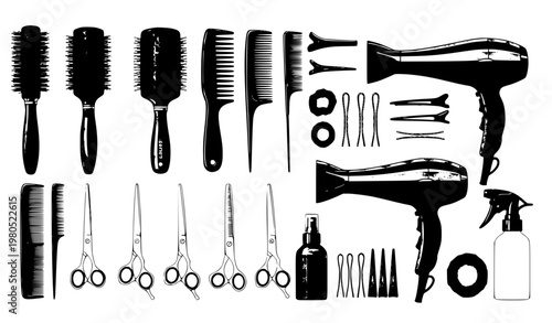 Hairdressing Tools and Brushes Flat Lay Collection Isolated on White