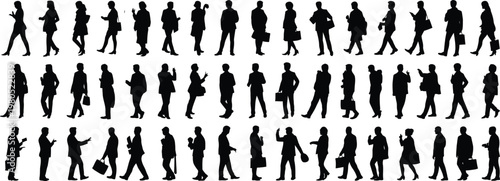 Collection of black silhouettes of people walking and standing with bags and phones