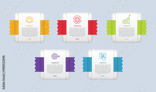 square base shape infographic with glossy gradient style with ribbon rough cut edge with round edge with five segment information