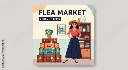 flea market announcement template with an elegant woman standing next to stacked vintage suitcases and books in a cozy setting.