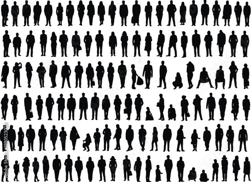 Diverse group of black human silhouettes standing and sitting against  people