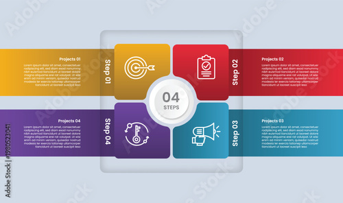 square base shape infographic with glossy gradient style with square layering with circle badge inside and long rectangle box with four segment information